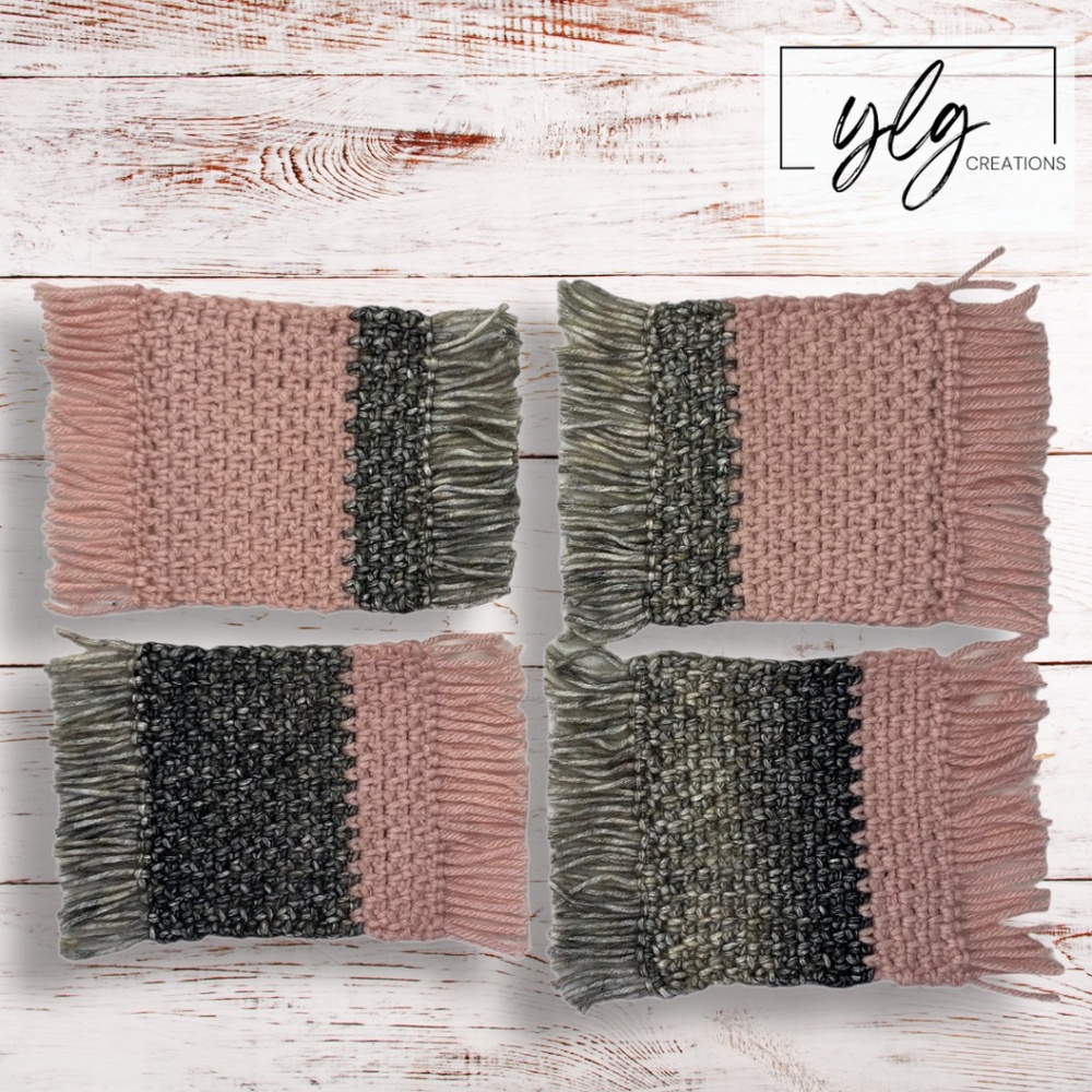 Mug Rugs Coasters Handmade Crochet Pink Gray Fringe Felt Back Set of 4